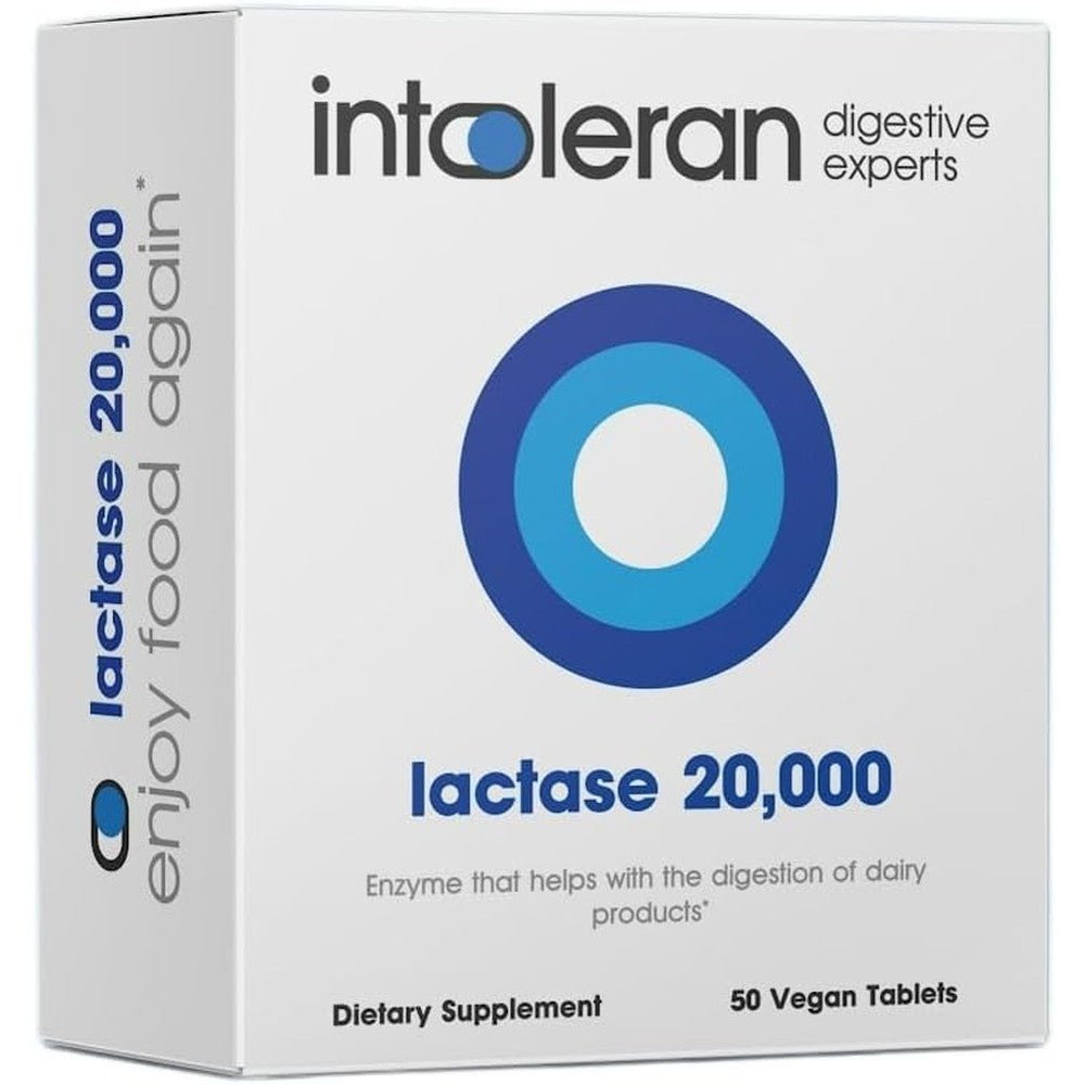 Intoleran Lactase 20000 FCC 50 tablets front package view showing highest dose digestive enzyme supplement
