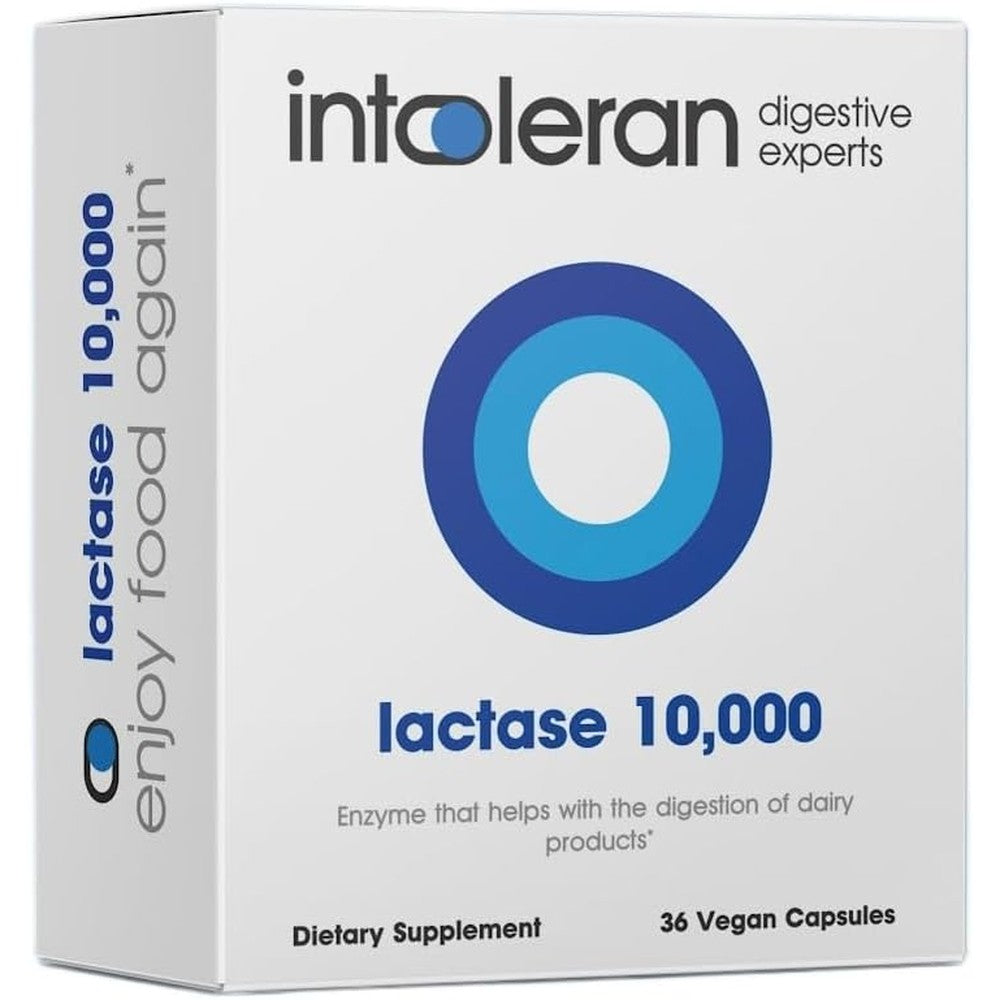 Intoleran Lactase 10000 FCC Digestive Enzymes front view packaging for lactose intolerance relief.