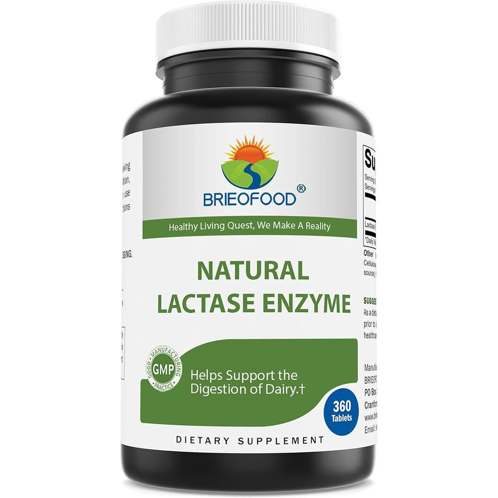 Brieofood Lactase Enzyme 3000 FCC ALU 360 Tablets front bottle view for lactose intolerance support