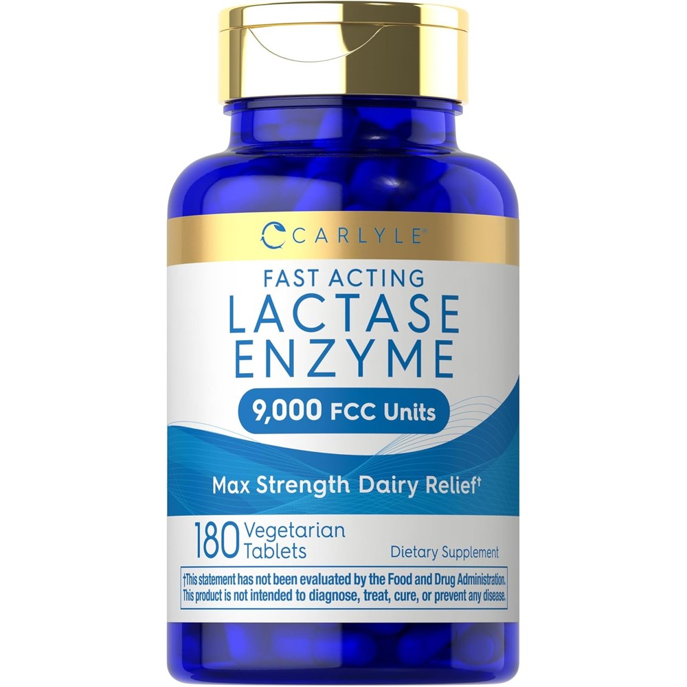 Carlyle Lactase Enzyme 9000 FCC 180 tablets bottle front view for dairy relief