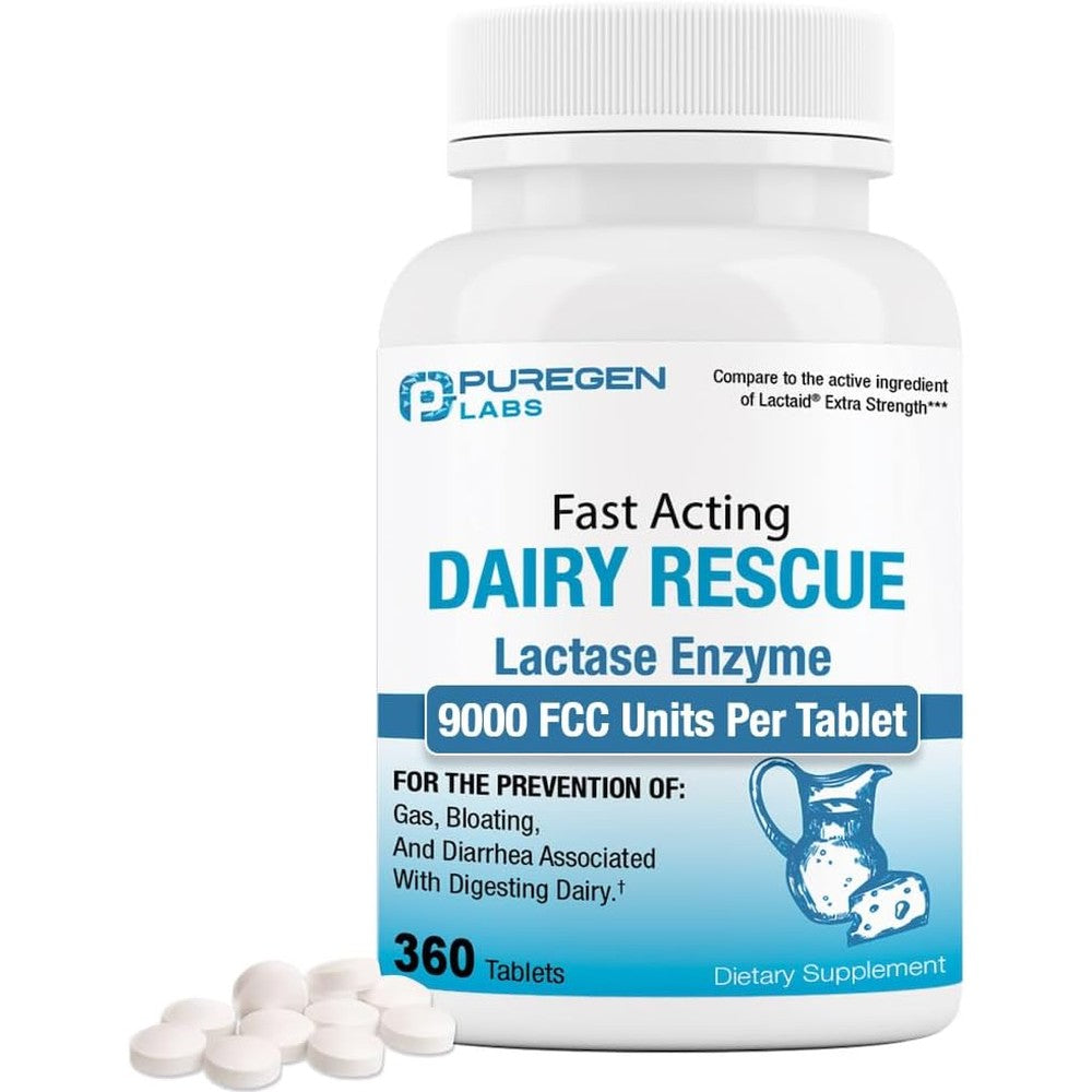 Puregen Labs Dairy Relief Lactase Enzyme 360 tablets front view bottle packaging