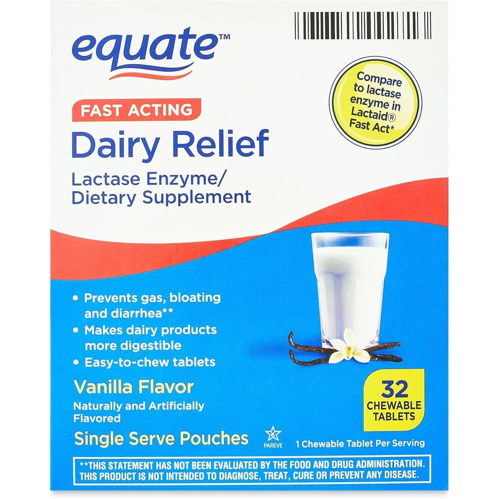 IKJ Fast Acting Dairy Relief Vanilla Flavor 32 Tablets front packaging view for lactose intolerance support