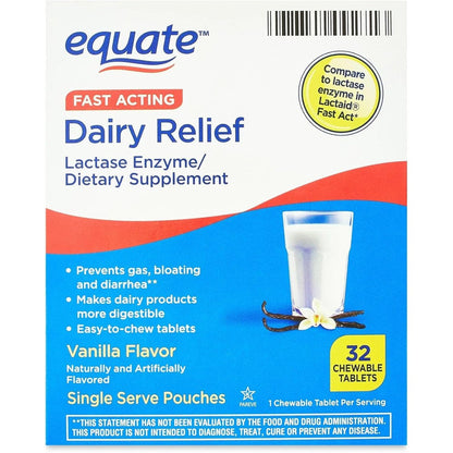 IKJ Fast Acting Dairy Relief Vanilla Flavor 32 Tablets front packaging view for lactose intolerance support