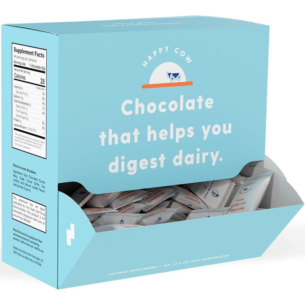 Happy Cow Lactase Digestive Chocolate front packaging showing twenty eight wrapped pieces for lactose intolerance relief