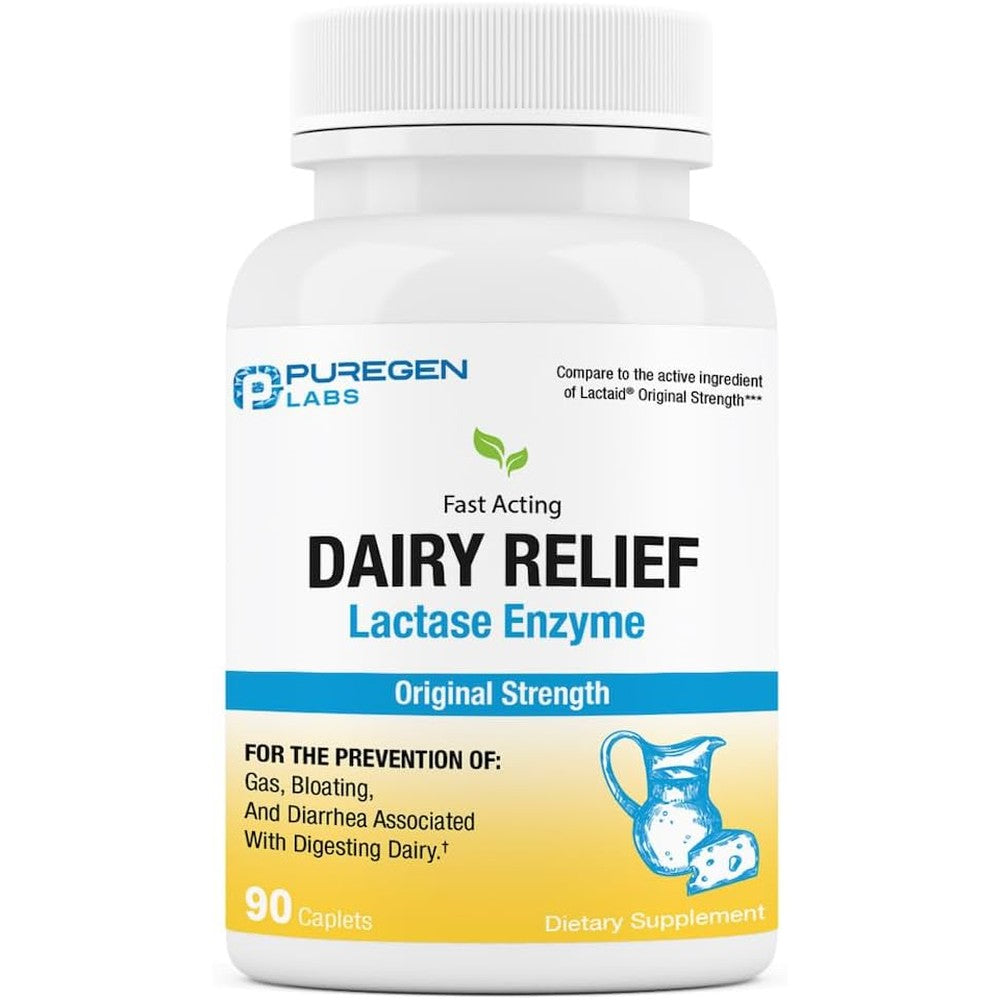 Puregen Labs Dairy Relief Lactase Enzyme bottle front view showcasing ninety fast acting caplets packaging