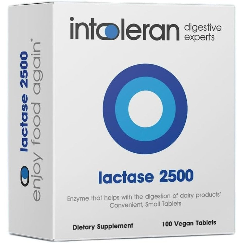 Intoleran Lactase 2500 Digestive Enzymes 100 Tablets front view showing the portable dispenser package for lactose intolerance relief.