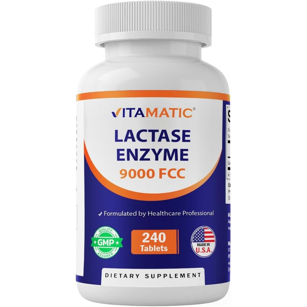 Vitamatic Lactase Enzyme 9000 FCC 240 Caplets front bottle view for lactose intolerance relief.