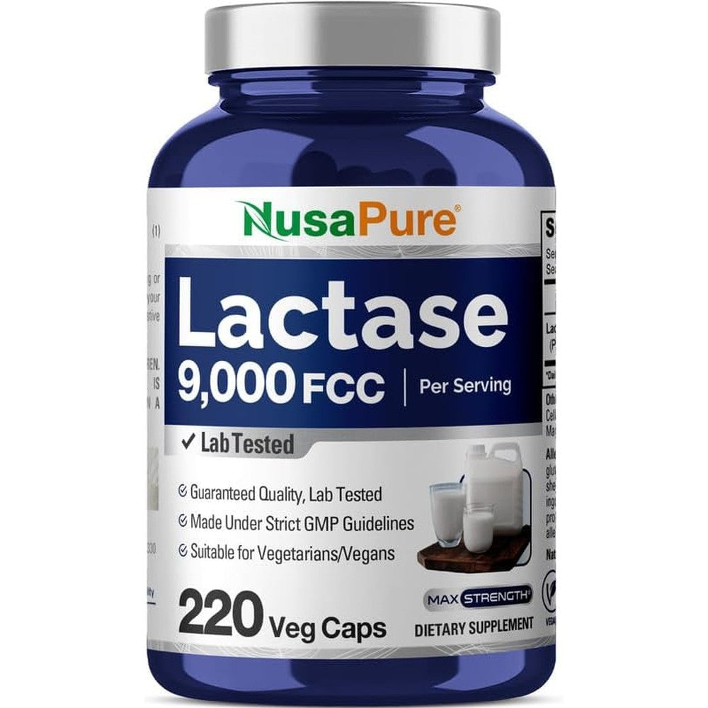 NusaPure Lactase Enzyme 9000 FCC bottle front view showing 220 vegetarian capsules for lactose intolerance relief.