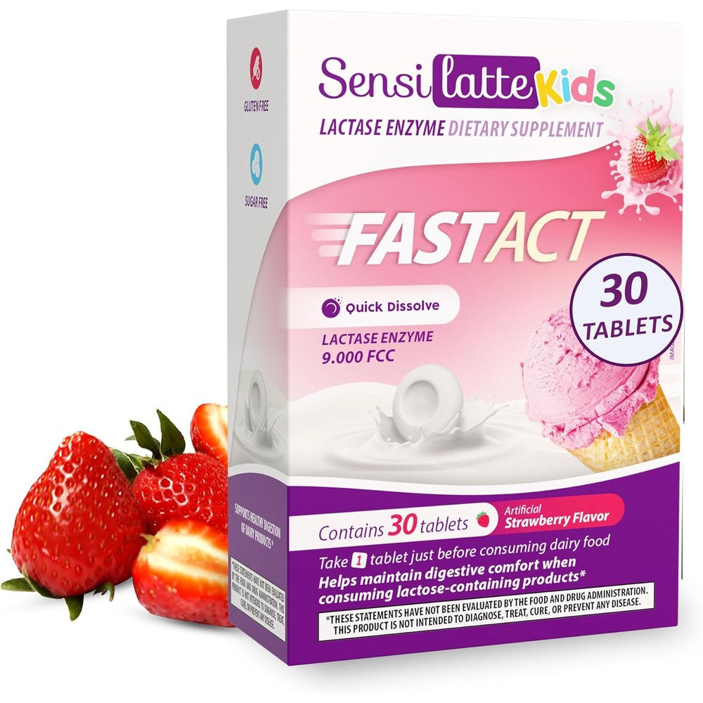 Sensi Latte Lactase Enzyme 9000 FCC 30 Tablets front view showcasing premium dairy relief supplement packaging
