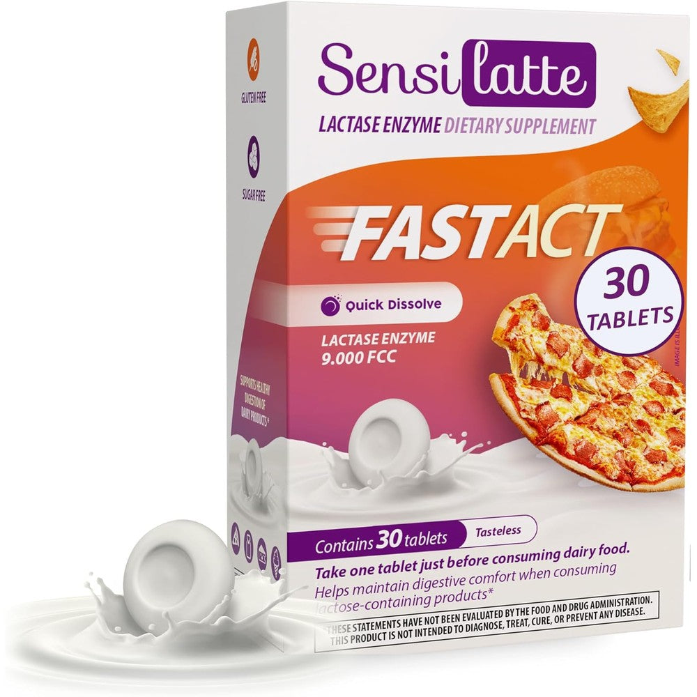 SENSI LATTE Lactase Enzyme 9000 FCC 30 tablets front packaging view for dairy intolerance relief