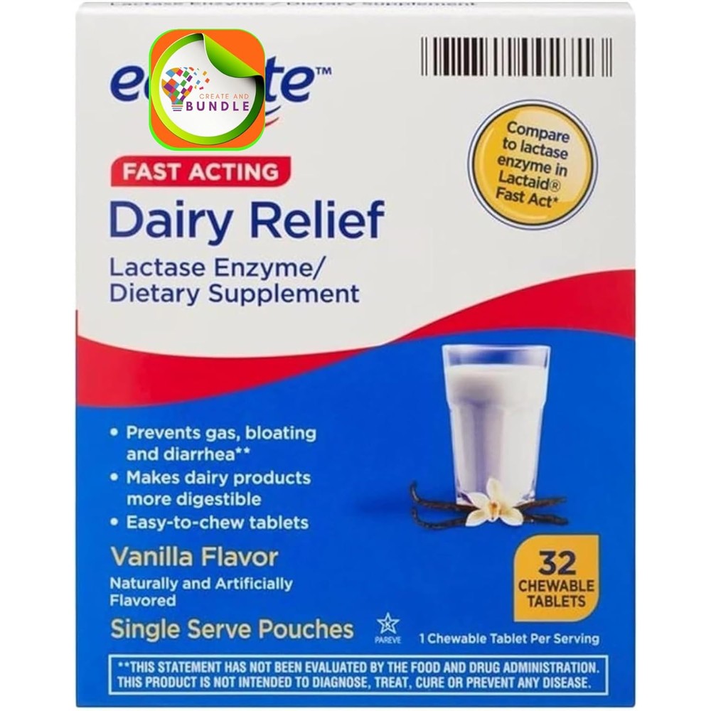 Equate Fast Acting Dairy Relief Lactase Enzyme front pack view showing 32 chewable tablets packaging.