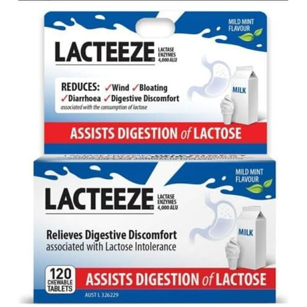 Lacteeze Extra Strength 4000 ALU Lactase Enzyme 120 Tablets front packaging with travel pill case for dairy digestive support.