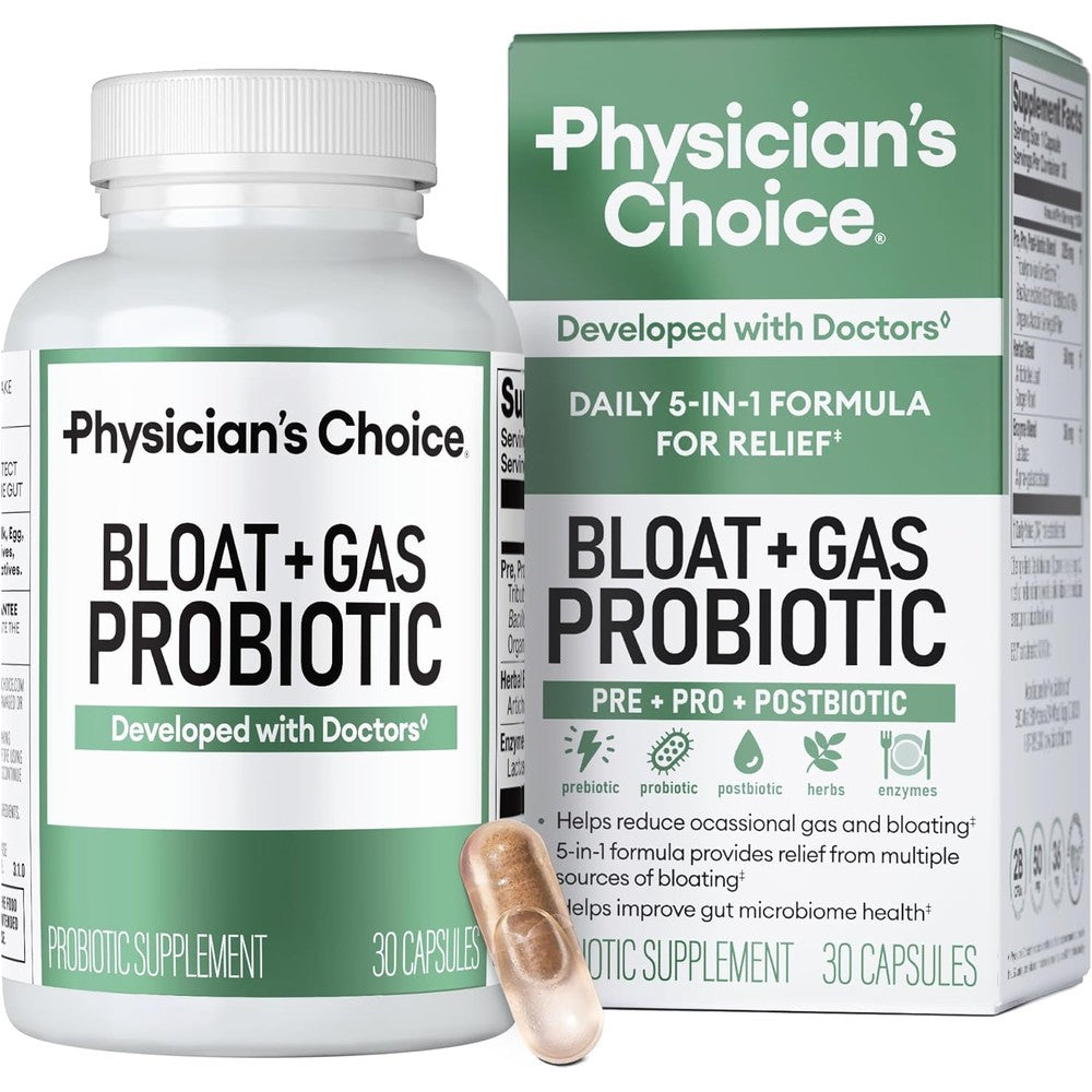 Physician's CHOICE Bloat and Gas Probiotic 30 capsules front bottle view for daily digestive health support