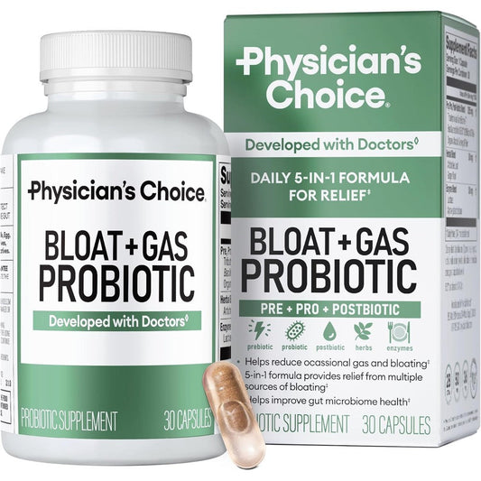 Physician's CHOICE Bloat and Gas Probiotic 30 capsules front bottle view for daily digestive health support