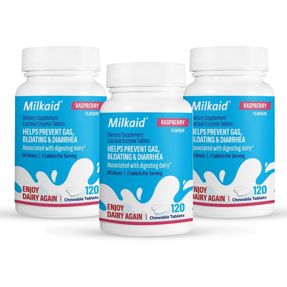 Milkaid Lactase Enzyme Chewable Tablets 360 Tablets bottle front view for lactose intolerance digestive relief