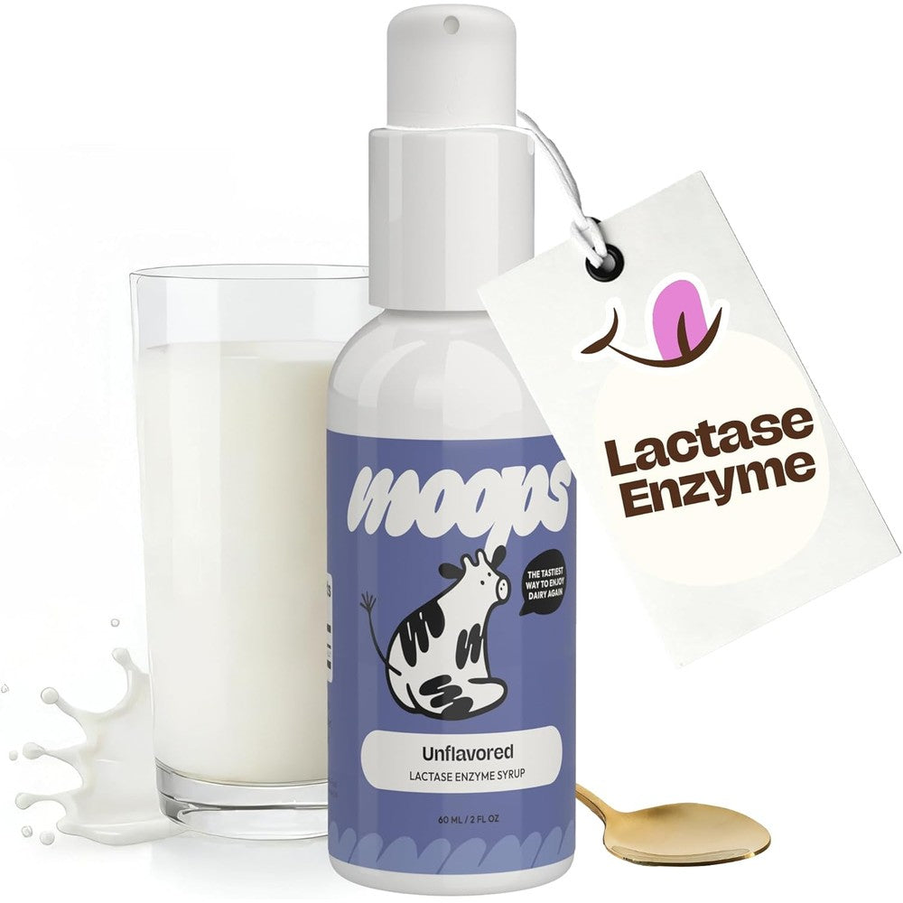 Moops Liquid Lactase Enzyme Syrup front view bottle for dairy digestion support