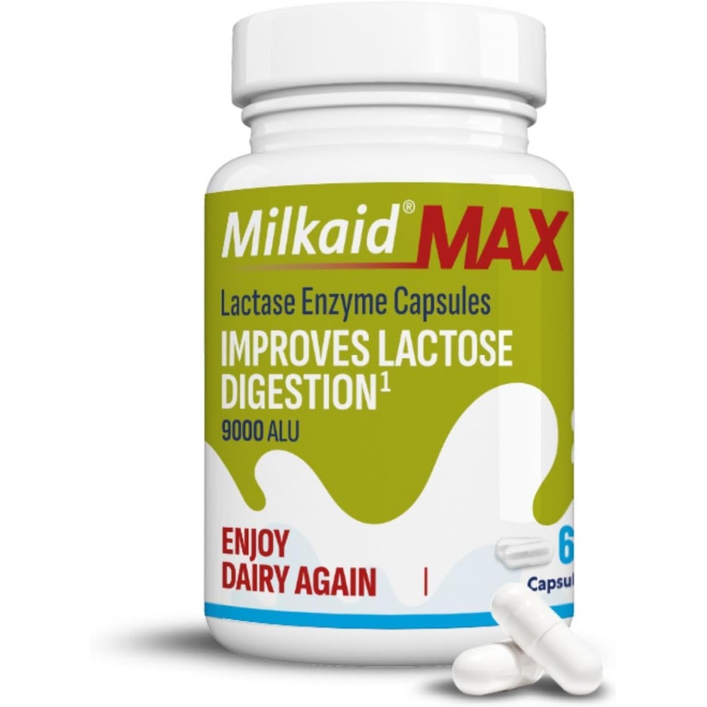 Milkaid Max Lactase Enzyme 9000 ALU 60 Capsules front view showing packaging for lactose intolerance relief.