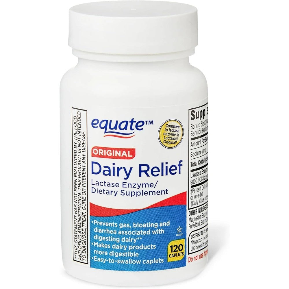Equate Dairy Relief Lactase Enzyme 120 Caplets front packaging showing digestive support details.