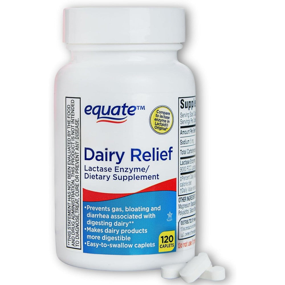 Fusion Shop Store Dairy Relief Lactase Enzyme 120 Tablets front view showing lactose intolerance relief packaging.