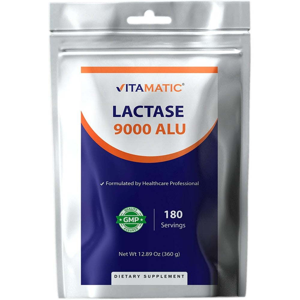 Vitamatic Lactase Enzyme Powder front view packaging showing 9000 ALU strength formulation.