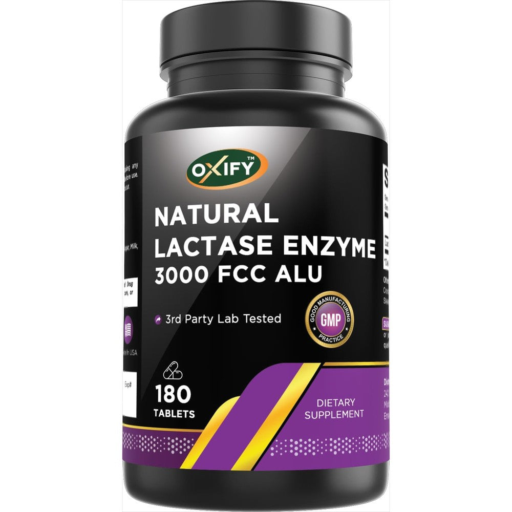 Nova Nutritions Oxify Lactase Enzyme 3000 FCC ALU 180 Tablets front bottle view for dairy digestion support.