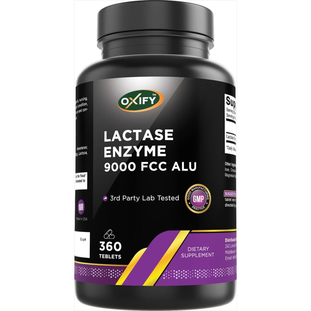Oxify Lactase Enzyme 9000 FCC ALU 360 tablets bottle front view for lactose intolerance support.