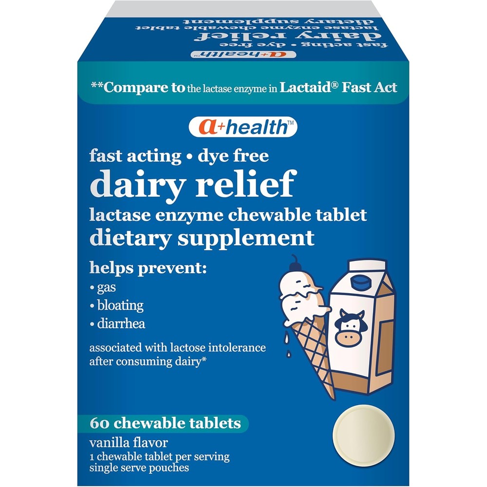 Equate A+Health Dairy Relief Lactase Enzyme 60 Tablets front view packaging for lactose intolerance