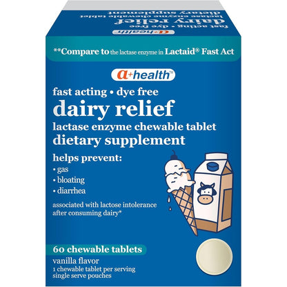 Equate A+Health Dairy Relief Lactase Enzyme 60 Tablets front view packaging for lactose intolerance