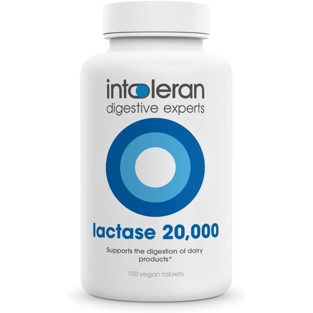 Intoleran Lactase 20000 front view of the high strength vegan digestive enzyme tablet bottle