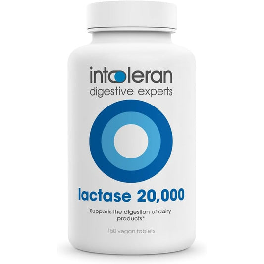 Intoleran Lactase 20000 front view of the high strength vegan digestive enzyme tablet bottle