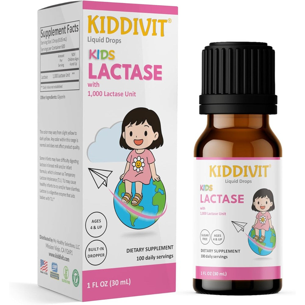 Kiddivit Lactase Kids Drops front view of the one fluid ounce amber glass bottle showing the packaging and built in dropper for lactose digestion support.