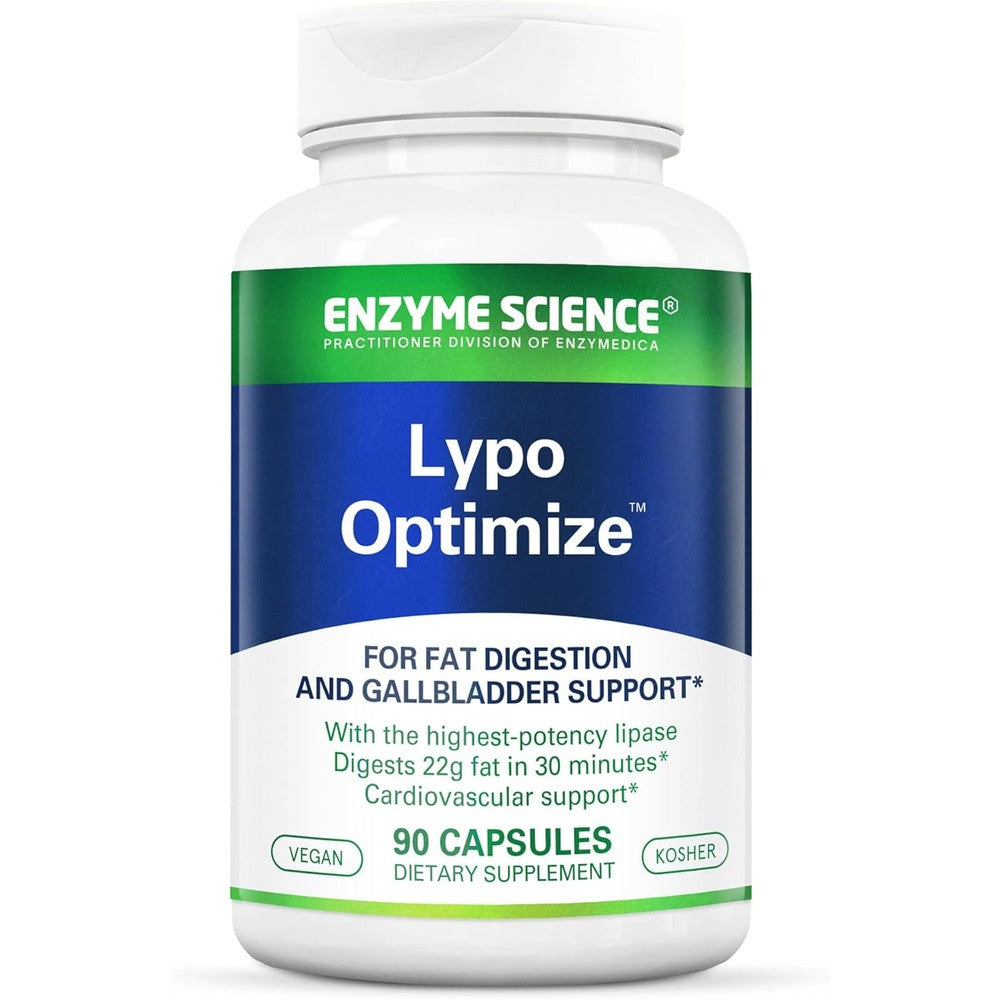 Enzyme Science Lypo Optimize front view bottle showcasing vegan lipase digestive capsules for gut health.