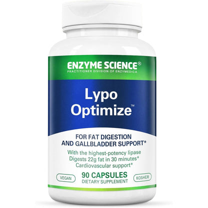 Enzyme Science Lypo Optimize front view bottle showcasing vegan lipase digestive capsules for gut health.