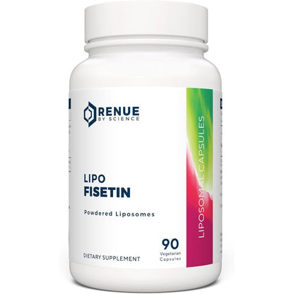 Renue By Science Liposomal Fisetin front view of ninety capsules bottle for cellular health longevity.