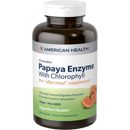 American Health Chewable Papaya Enzyme with Chlorophyll 600 Count bottle front view showing digestive support labels.