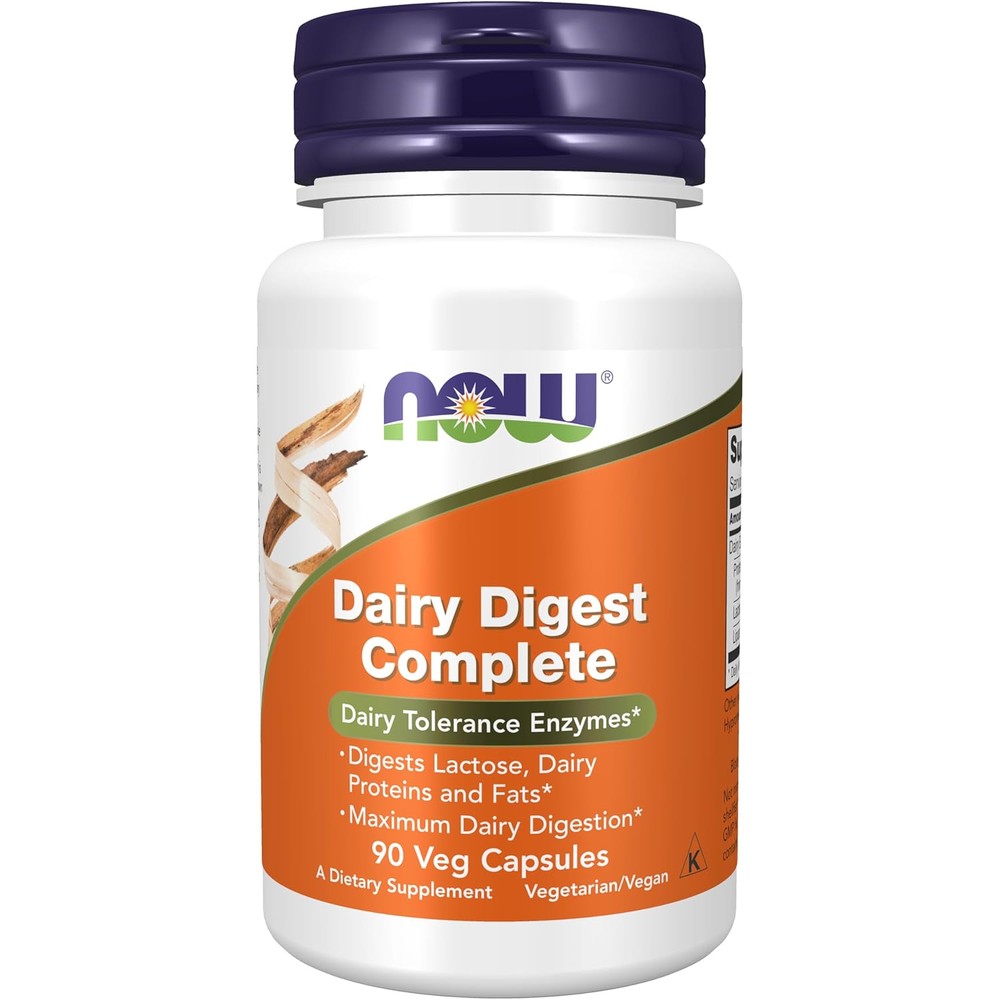 Now Foods Dairy Digest Complete 90 vegetarian capsules front bottle view for dairy tolerance support