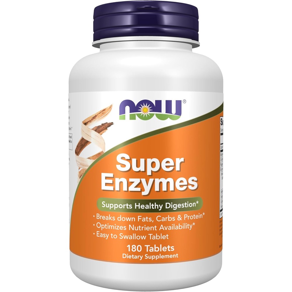 Now Foods Super Enzymes 180 Tablets front view bottle packaging