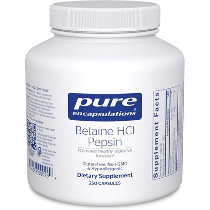 Pure Encapsulations Betaine HCl Pepsin 250 capsules front bottle view for digestive support.