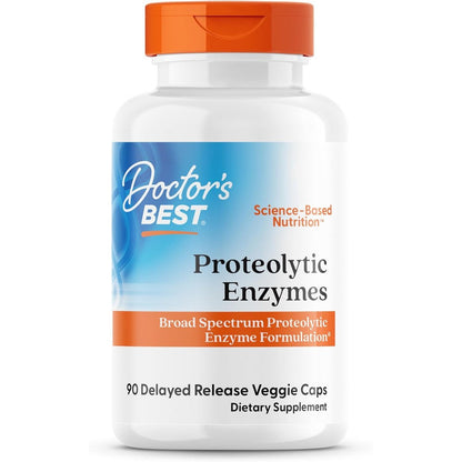 Doctor's Best Proteolytic Enzymes 90 capsules front view bottle showing broad spectrum digestive support formula