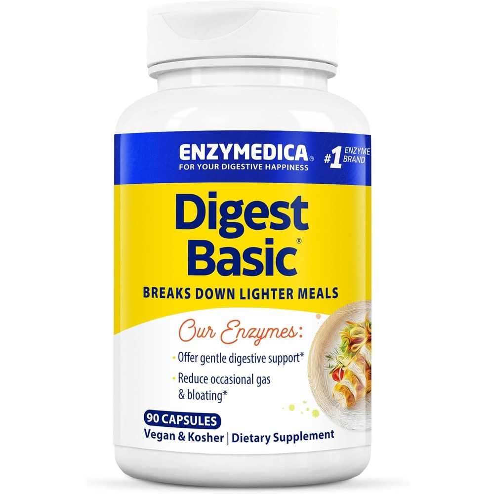Enzymedica Digest Basic 90 Capsules front view of the bottle showing the gentle digestive enzyme formula for sensitive stomachs.