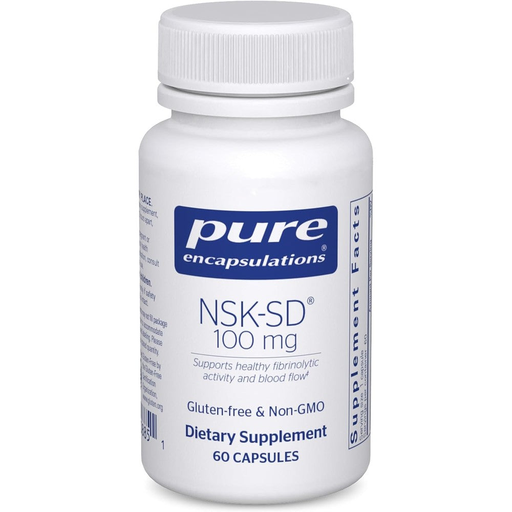 Pure Encapsulations NSK-SD Nattokinase 100 mg supplement bottle front view showing cardiovascular support label.