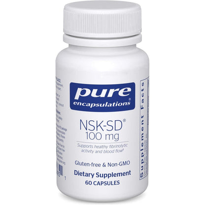 Pure Encapsulations NSK-SD Nattokinase 100 mg supplement bottle front view showing cardiovascular support label.