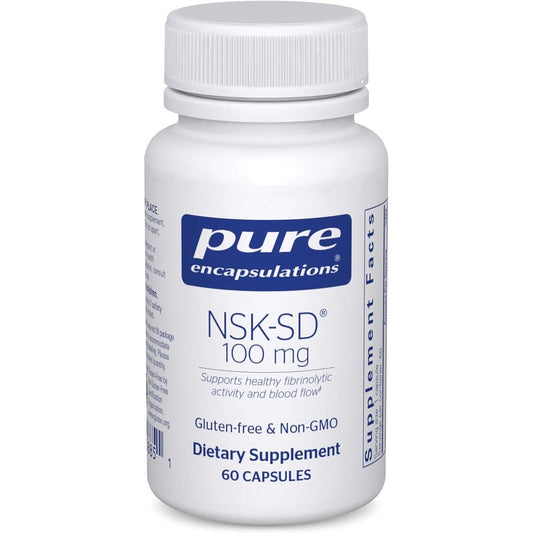 Pure Encapsulations NSK-SD Nattokinase 100 mg supplement bottle front view showing cardiovascular support label.