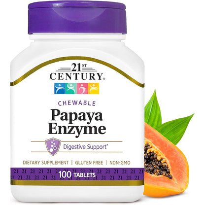 21st Century Papaya Enzyme Chewables 100 Count front bottle view showing digestive support benefits.