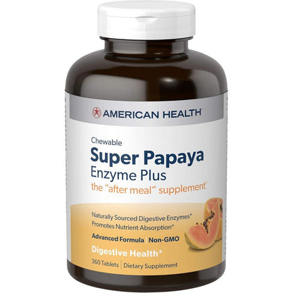 American Health Super Papaya Enzyme Plus 360 chewable tablets front bottle view showing original digestive enzyme formula.
