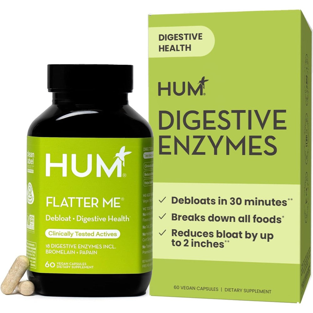 Hum Nutrition Flatter Me digestive enzymes front view supplement bottle