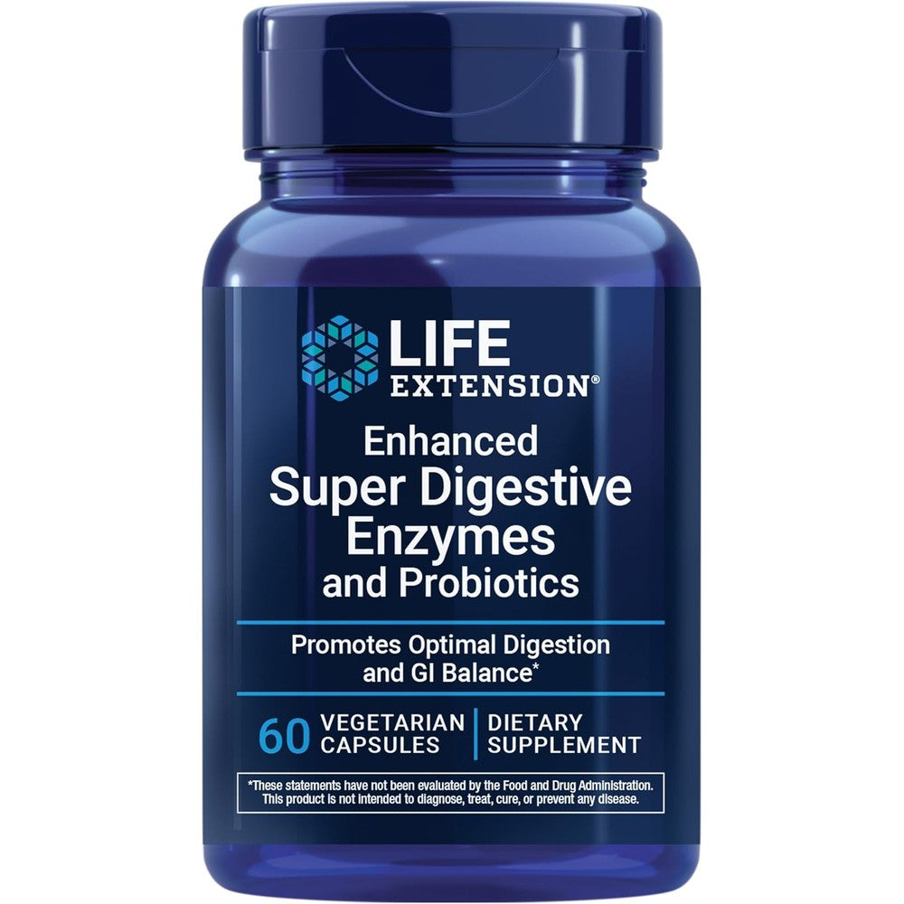 Life Extension Enhanced Super Digestive Enzymes with Probiotics front bottle view for daily gut health.