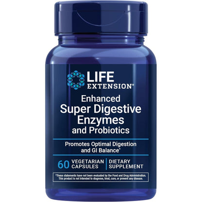 Life Extension Enhanced Super Digestive Enzymes with Probiotics front bottle view for daily gut health.