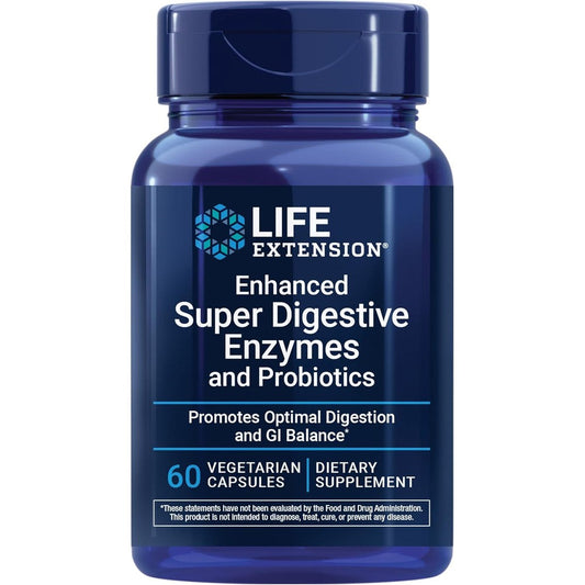 Life Extension Enhanced Super Digestive Enzymes with Probiotics front bottle view for daily gut health.