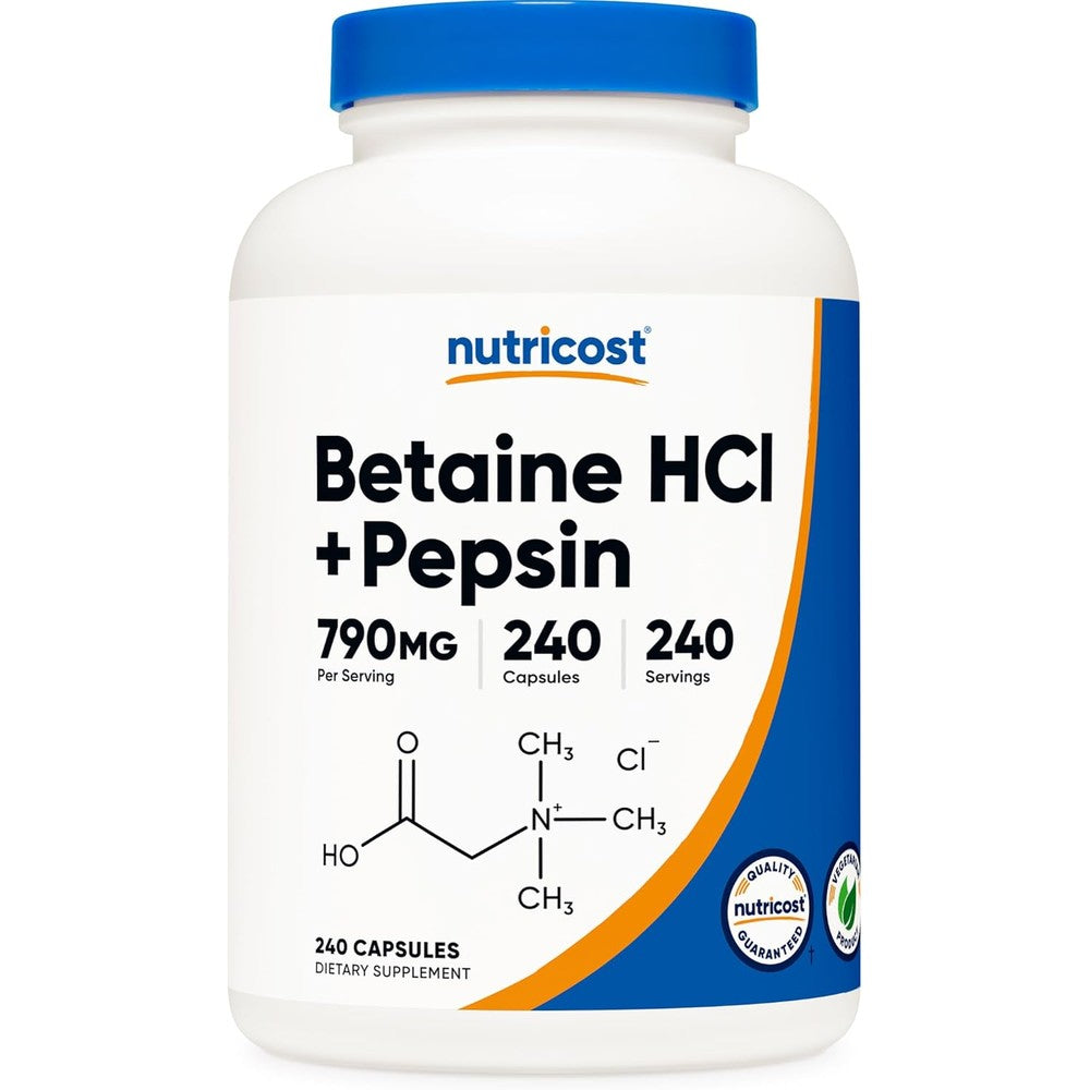 Nutricost betaine hcl pepsin front view supplement bottle